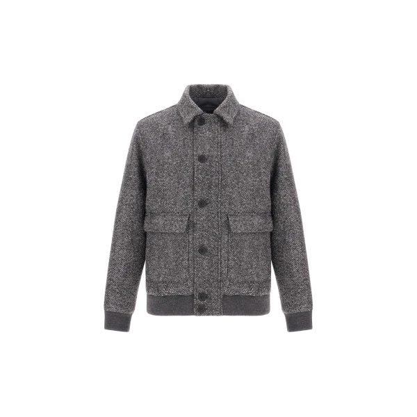 Herno Anthracite Bomber Jacket in Double-Layered Herringbone Wool Fabric | Men's Jackets | Luxury Shoes 