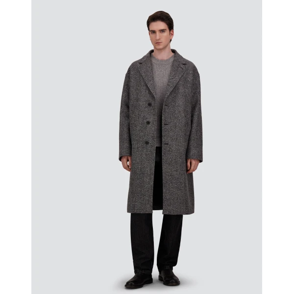 Herno Anthracite Coat in Double-Layered Herringbone Wool Fabric | Men's Coats | Luxury Shoes 