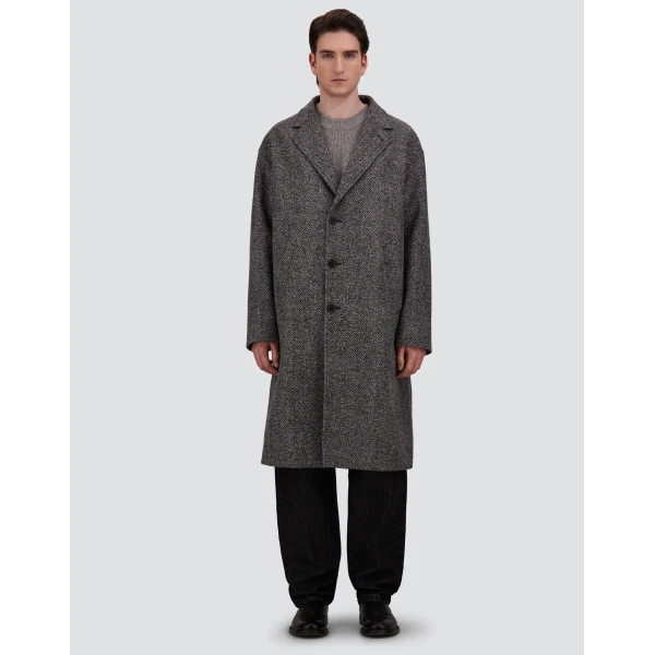 Herno Anthracite Coat in Double-Layered Herringbone Wool Fabric | Men's Coats | Luxury Shoes 