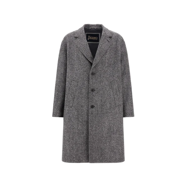 Herno Anthracite Coat in Double-Layered Herringbone Wool Fabric | Men's Coats | Luxury Shoes 