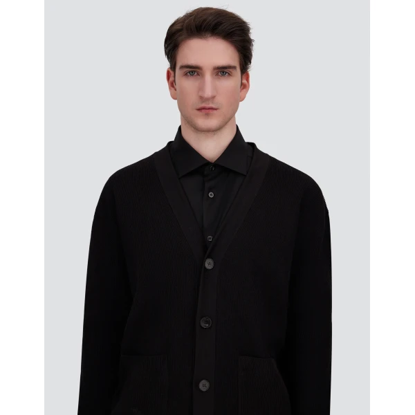 Herno Black Cardigan in Yarn with Raised Knit Pattern | Men's Knitwear | Luxury Shoes 