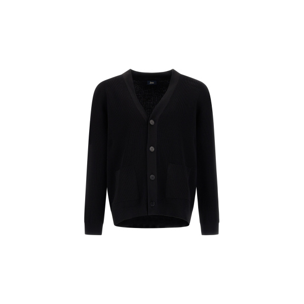 Herno Black Cardigan in Yarn with Raised Knit Pattern | Men's Knitwear | Luxury Shoes 