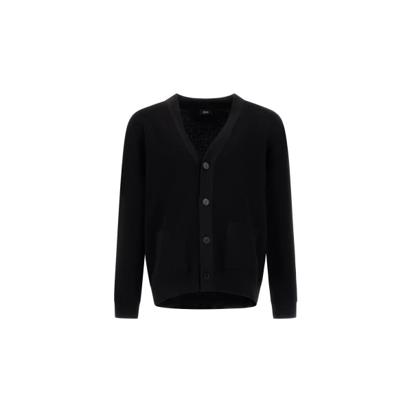 Herno Black Cardigan in Yarn with Raised Knit Pattern | Men's Knitwear | Luxury Shoes 
