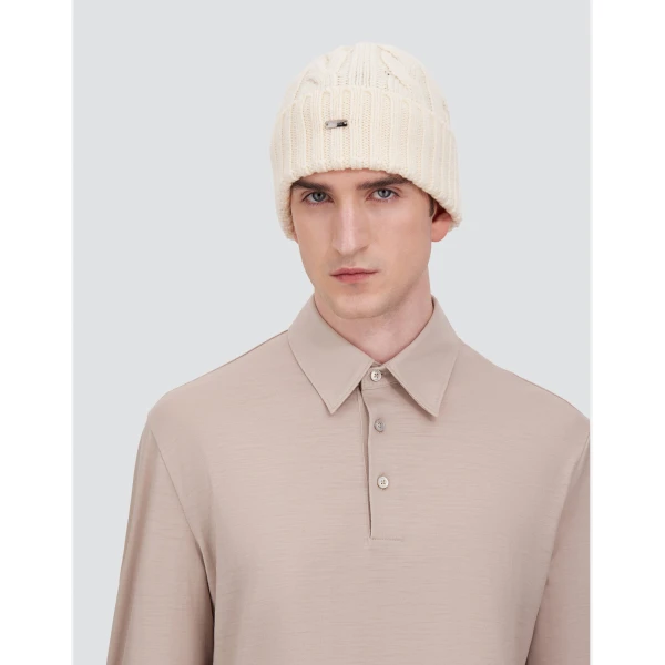 Herno Cable-Knit Wool Beanie in Milk White | Men's Hats | Luxury Shoes 