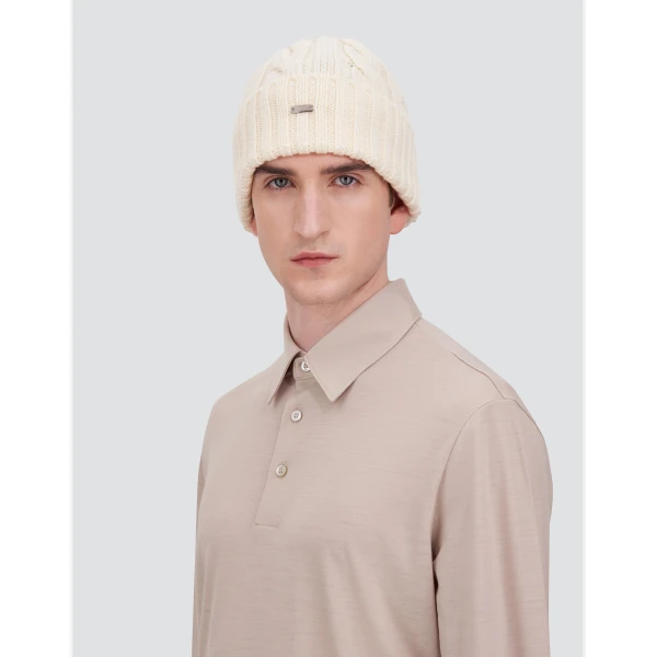 Herno Cable-Knit Wool Beanie in Milk White | Men's Hats | Luxury Shoes 
