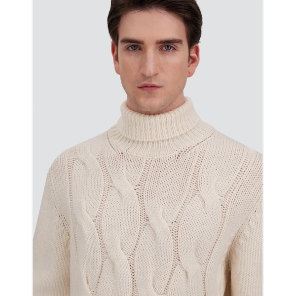 Herno Cable-Knit Wool Roll-Neck Jumper in Milk White | Men's Knitwear | Luxury Shoes 