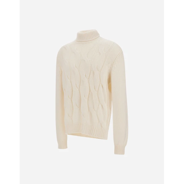 Herno Cable-Knit Wool Roll-Neck Jumper in Milk White | Men's Knitwear | Luxury Shoes 