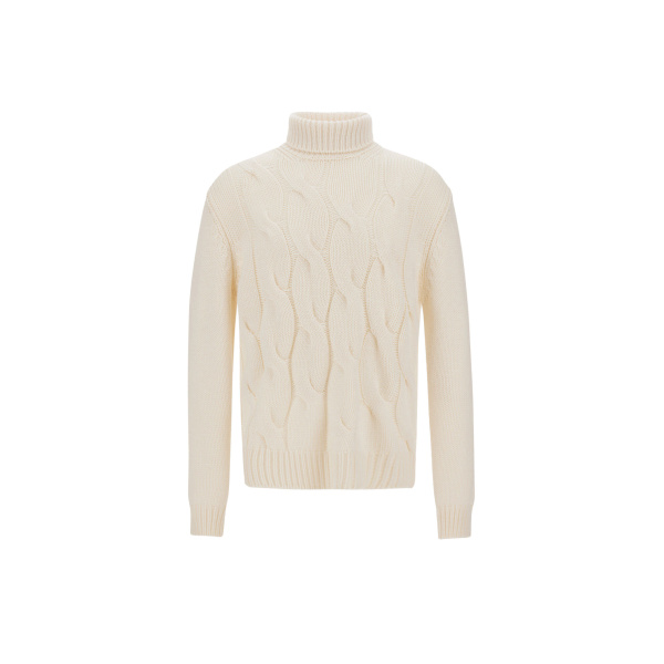 Herno Cable-Knit Wool Roll-Neck Jumper in Milk White | Men's Knitwear | Luxury Shoes 