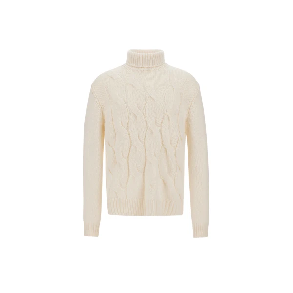 Herno Cable-Knit Wool Roll-Neck Jumper in Milk White | Men's Knitwear | Luxury Shoes 