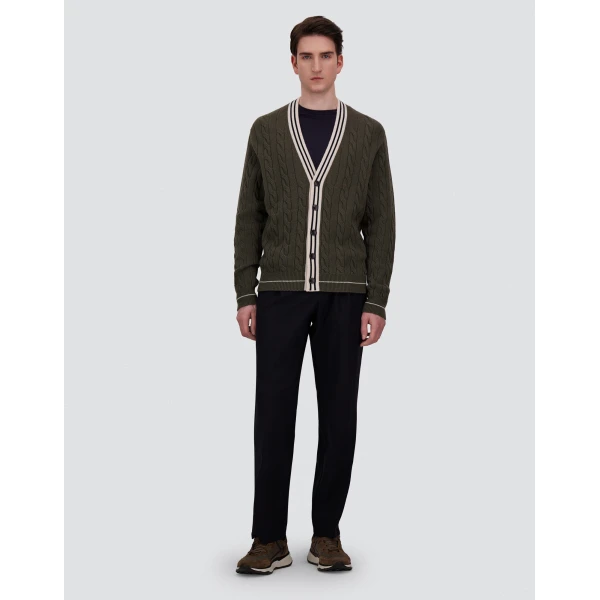 Herno Cable-Knit Wool and Cashmere Cardigan in Military and Pink | Men's Knitwear | Luxury Shoes 