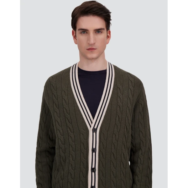 Herno Cable-Knit Wool and Cashmere Cardigan in Military and Pink | Men's Knitwear | Luxury Shoes 