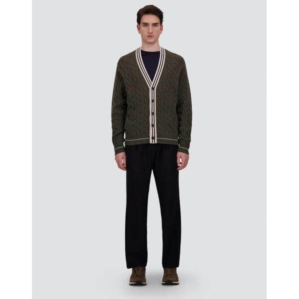 Herno Cable-Knit Wool and Cashmere Cardigan in Military and Pink | Men's Knitwear | Luxury Shoes 