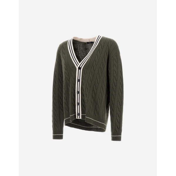 Herno Cable-Knit Wool and Cashmere Cardigan in Military and Pink | Men's Knitwear | Luxury Shoes 