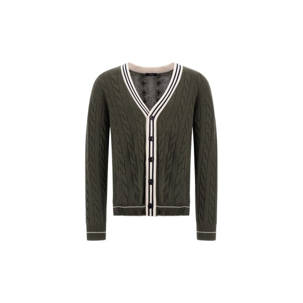 Herno Cable-Knit Wool and Cashmere Cardigan in Military and Pink | Men's Knitwear | Luxury Shoes 