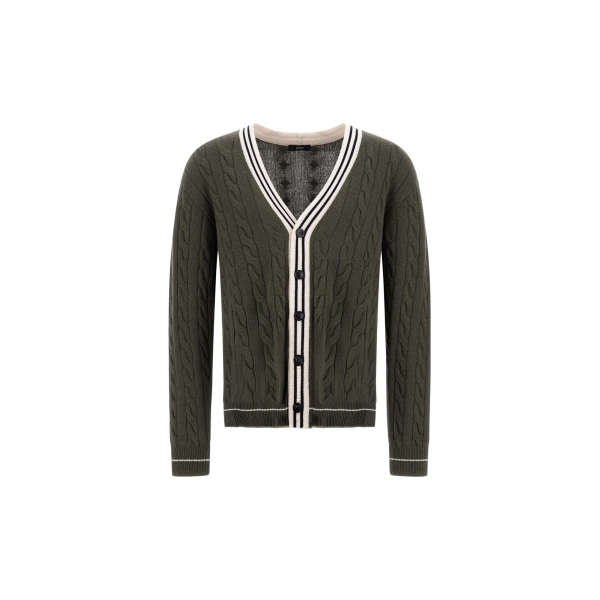 Herno Cable-Knit Wool and Cashmere Cardigan in Military and Pink | Men's Knitwear | Luxury Shoes 