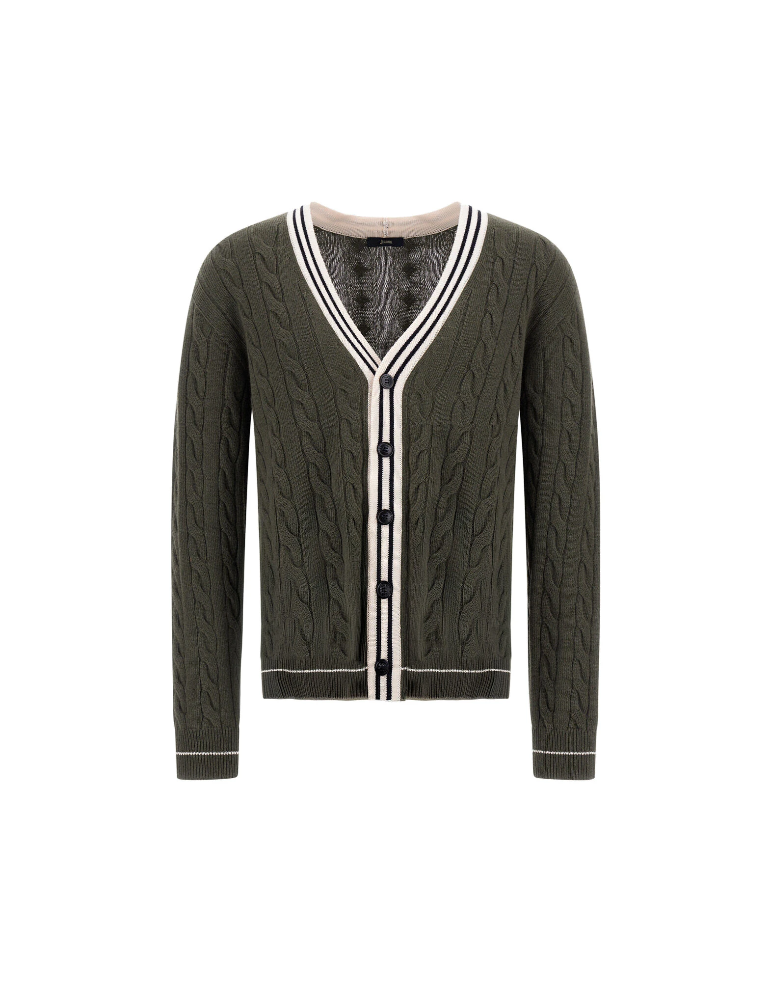 Herno Cable-Knit Wool and Cashmere Cardigan in Military and Pink Herno Cable-Knit Wool and Cashmere Cardigan in Military and Pink | Men's Knitwear | Luxury Shoes