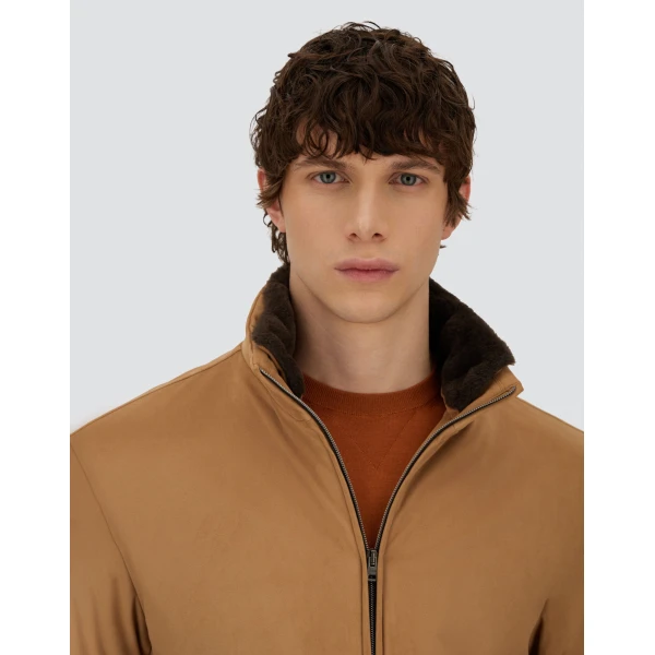 Herno Camel Resort Bomber Jacket in Suede-Effect Microfibre and Light Faux Fur | Men's Jackets | Luxury Shoes 