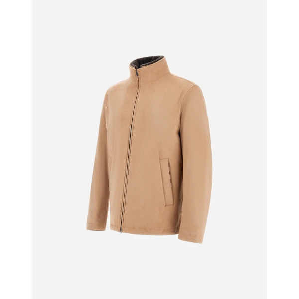 Herno Camel Resort Bomber Jacket in Suede-Effect Microfibre and Light Faux Fur | Men's Jackets | Luxury Shoes 