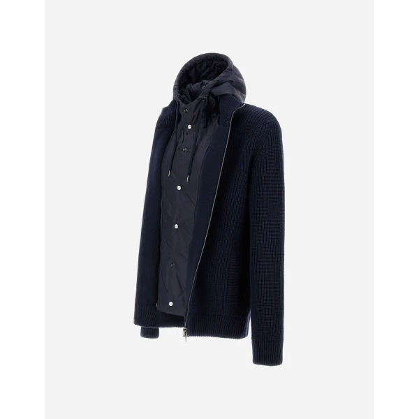 Herno Dark Blue Jacket in Ribbed Merino Wool G.5 and Nylon Chamonix | Men's Jackets | Luxury Shoes 