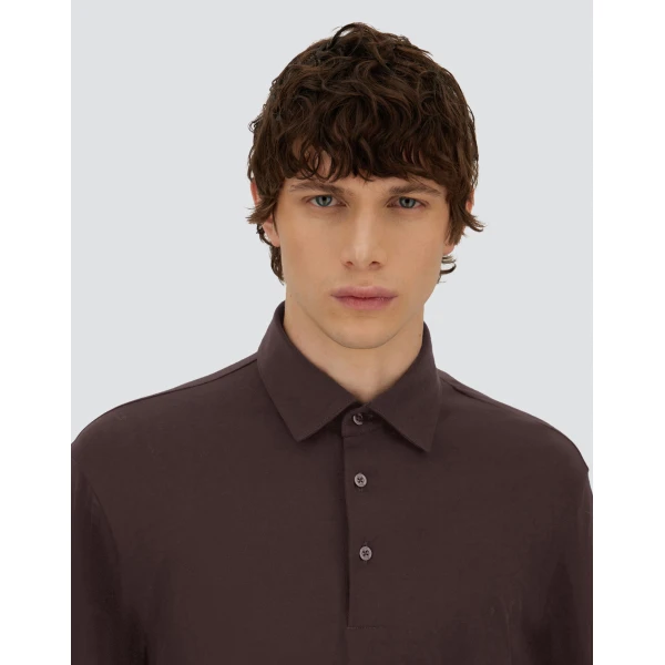 Herno Dark Brown Resort Long-Sleeve Polo Shirt in Wool Jersey with a Shiny Finish | Men's T-Shirts and Polos | Luxury Shoes 