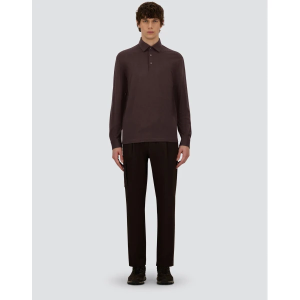 Herno Dark Brown Resort Long-Sleeve Polo Shirt in Wool Jersey with a Shiny Finish | Men's T-Shirts and Polos | Luxury Shoes 
