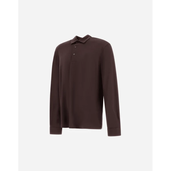 Herno Dark Brown Resort Long-Sleeve Polo Shirt in Wool Jersey with a Shiny Finish | Men's T-Shirts and Polos | Luxury Shoes 