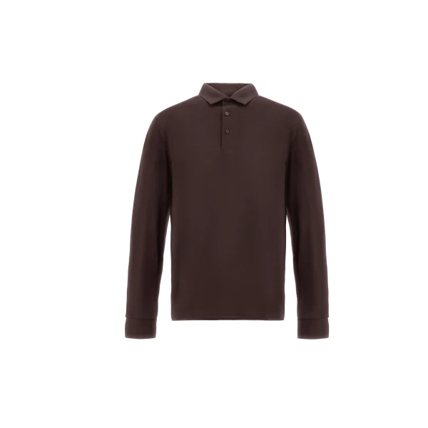 Herno Dark Brown Resort Long-Sleeve Polo Shirt in Wool Jersey with a Shiny Finish | Men's T-Shirts and Polos | Luxury Shoes 