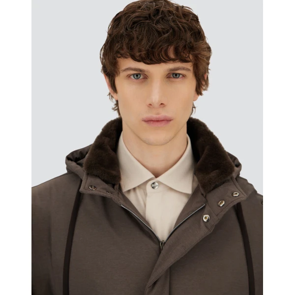 Herno Dark Brown Resort Parka in Melange-Effect Stretch Nylon and Light Faux Fur | Men's Coats | Luxury Shoes 