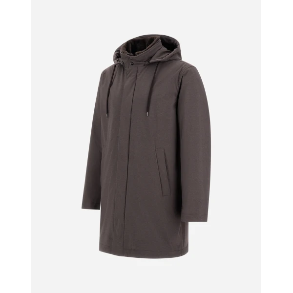 Herno Dark Brown Resort Parka in Melange-Effect Stretch Nylon and Light Faux Fur | Men's Coats | Luxury Shoes 