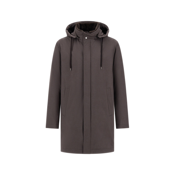 Herno Dark Brown Resort Parka in Melange-Effect Stretch Nylon and Light Faux Fur | Men's Coats | Luxury Shoes 