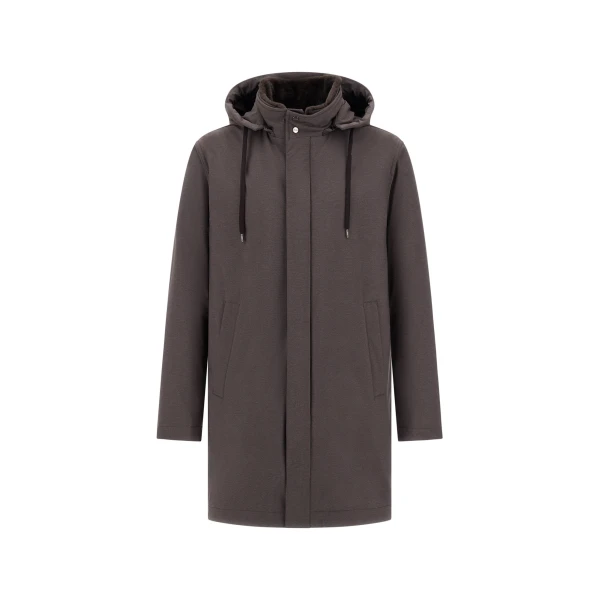 Herno Dark Brown Resort Parka in Melange-Effect Stretch Nylon and Light Faux Fur | Men's Coats | Luxury Shoes 