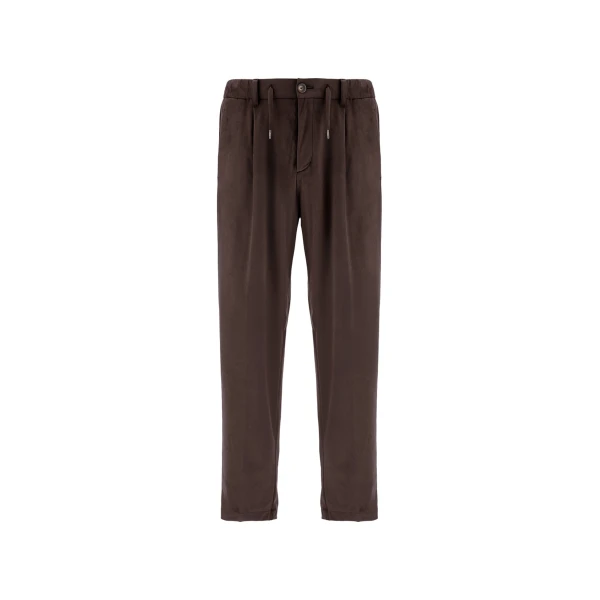 Herno Dark Brown Resort Trousers in Suede-Effect Microfibre | Men's Trousers | Luxury Shoes 