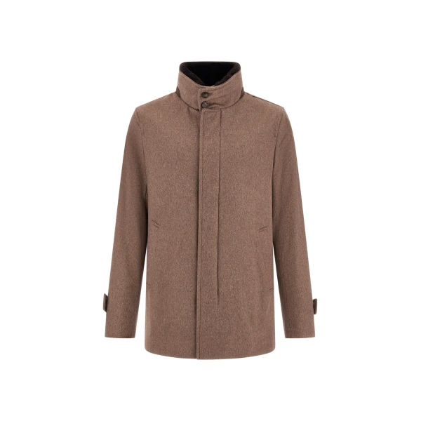 Herno Dark Taupe Short Coat in Pure Cashmere and Suede Effect | Men's Coats | Luxury Shoes 