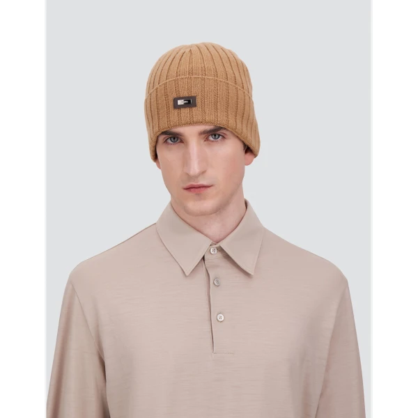 Herno English Rib Cashmere Beanie in Camel | Men's Hats | Luxury Shoes 