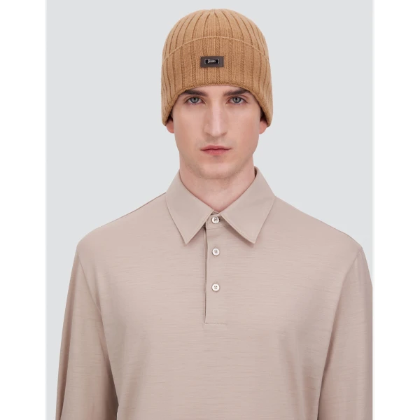 Herno English Rib Cashmere Beanie in Camel | Men's Hats | Luxury Shoes 