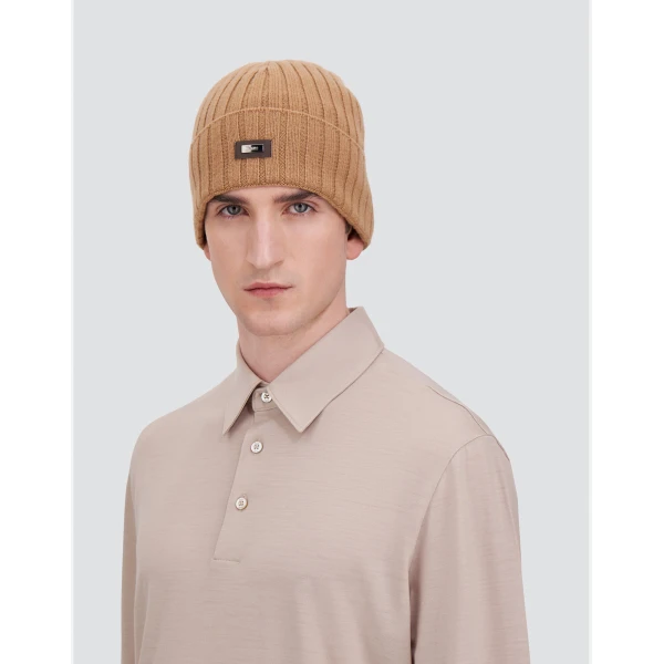 Herno English Rib Cashmere Beanie in Camel | Men's Hats | Luxury Shoes 