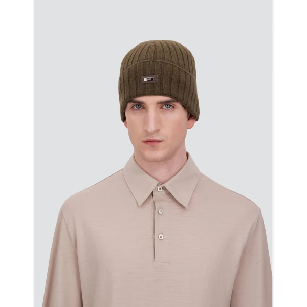 Herno English Rib Cashmere Beanie in Light Military | Men's Hats | Luxury Shoes 