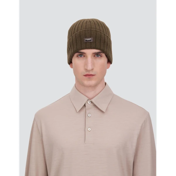 Herno English Rib Cashmere Beanie in Light Military | Men's Hats | Luxury Shoes 