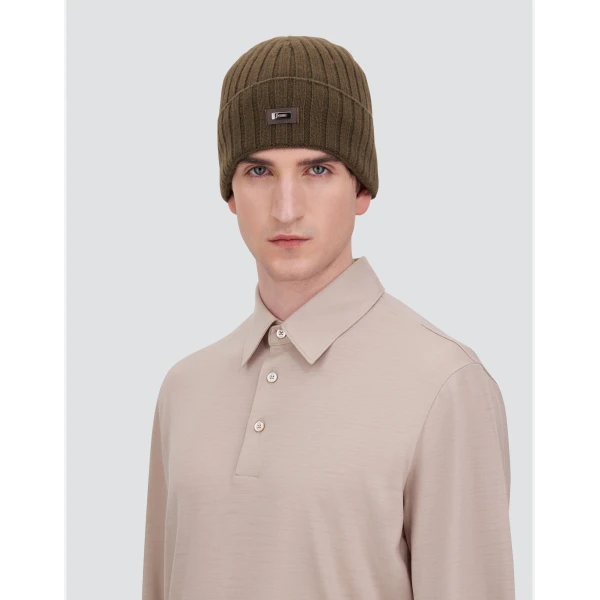 Herno English Rib Cashmere Beanie in Light Military | Men's Hats | Luxury Shoes 