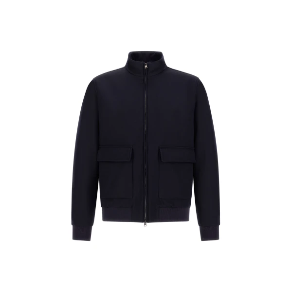 Fine Wool Bomber Jacket in Navy Blue