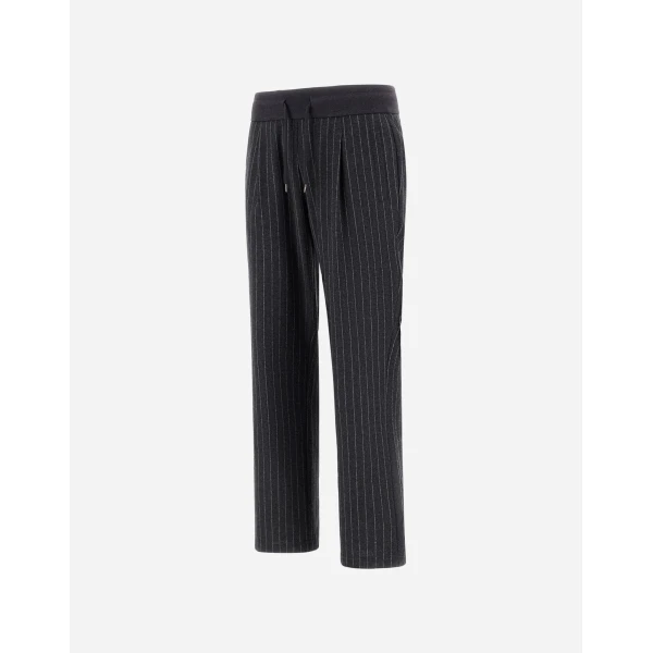 Herno Jacquard Fabric Trousers with Pinstripe Pattern in Iron | Men's Trousers | Luxury Shoes 