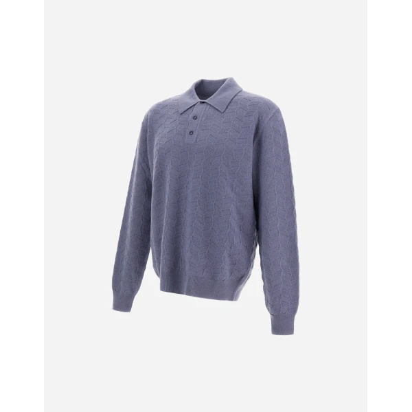 Herno Light Blue Resort Polo Shirt in Woven Stitch Wool Knit | Men's T-Shirts and Polos | Luxury Shoes 