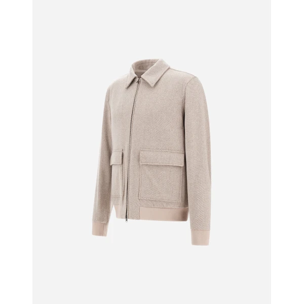 Herno Light Taupe Resort Bomber Jacket in Wool and Cashmere Woven Fabric | Men's Jackets | Luxury Shoes 