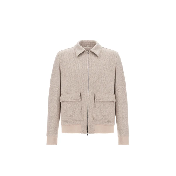 Herno Light Taupe Resort Bomber Jacket in Wool and Cashmere Woven Fabric | Men's Jackets | Luxury Shoes 