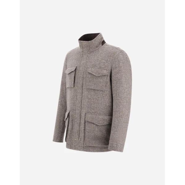 Herno Light Taupe Resort Field Jacket in Bouclé Wool Fabric and Suede-Effect Microfibre | Men's Jackets | Luxury Shoes 