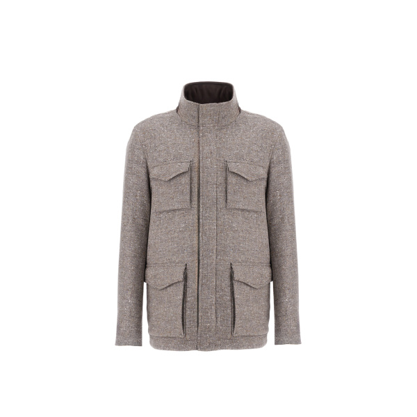 Herno Light Taupe Resort Field Jacket in Bouclé Wool Fabric and Suede-Effect Microfibre | Men's Jackets | Luxury Shoes 