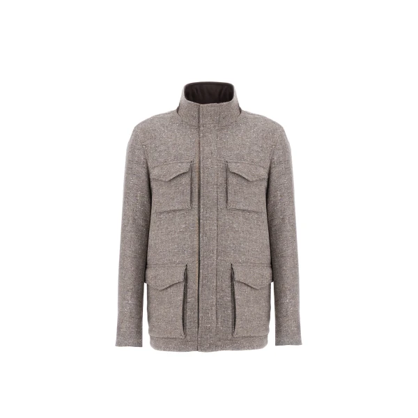 Herno Light Taupe Resort Field Jacket in Bouclé Wool Fabric and Suede-Effect Microfibre | Men's Jackets | Luxury Shoes 