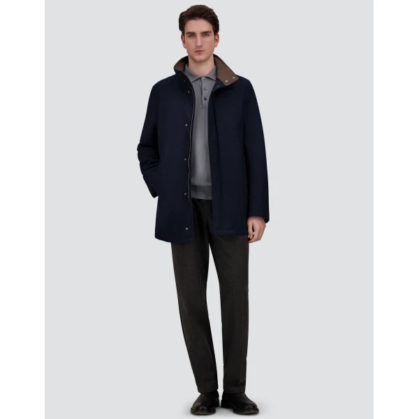 Herno Mélange Twill and Suede Effect Coat in Navy Blue | Men's Coats | Luxury Shoes 