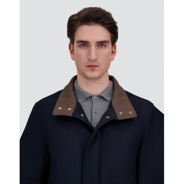 Herno Mélange Twill and Suede Effect Coat in Navy Blue | Men's Coats | Luxury Shoes 