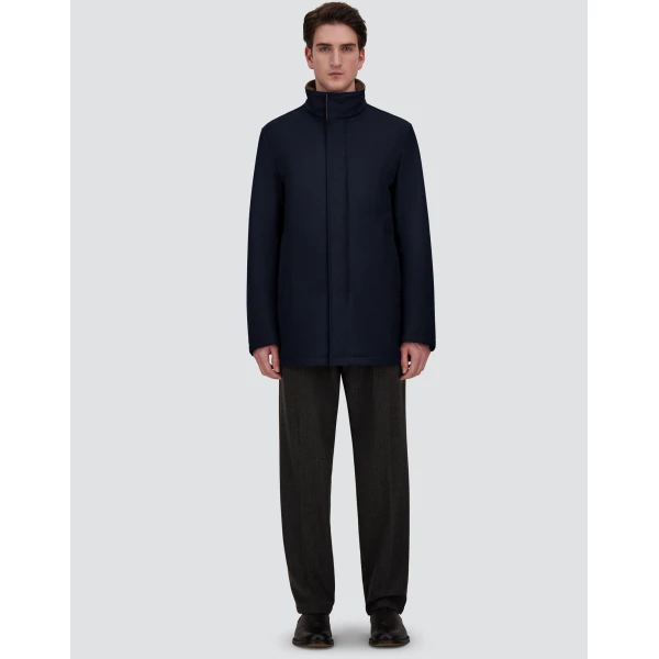 Herno Mélange Twill and Suede Effect Coat in Navy Blue | Men's Coats | Luxury Shoes 